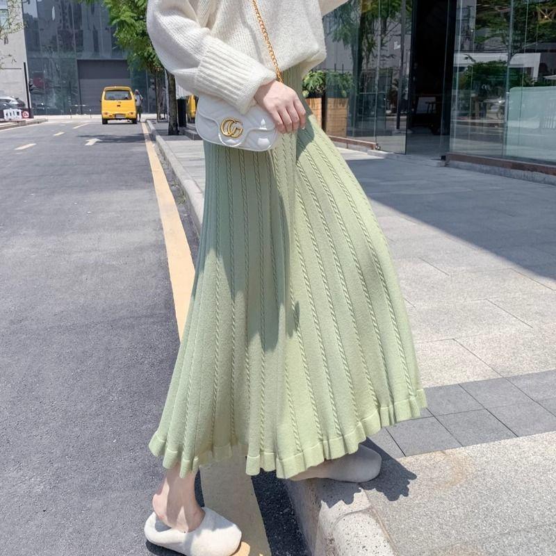 High-Waisted Long Knit Midi Skirt with Inner Layer - Winter & Autumn Style
