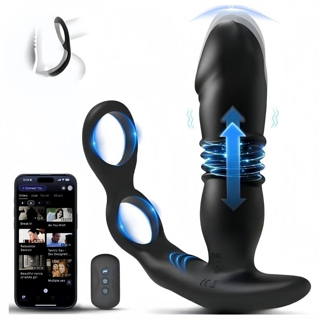 3 in 1 Thrusting Anal Vibrator Remote Control Dildo Prostate Stimulator Massager Delay Ejaculation Cock Ring Sex Toy for Men Anal Plug with Telescopic