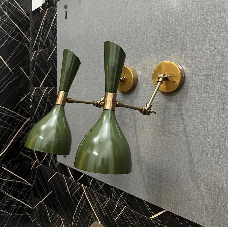 Mid Century Modern Brass Wall Sconce: Italian Diabolo Olivine Bedside Lamp