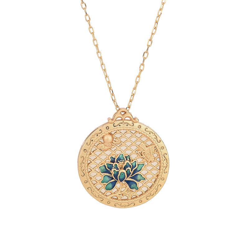 Cloisonné Enamel Lotus Jade Round Pendant Retro Necklace