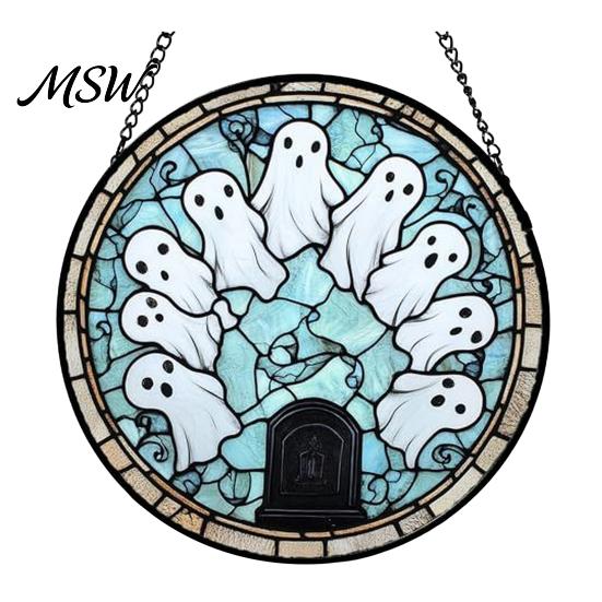 Sunproof Courtyard Decorations Halloween Stained Glass Suncatcher Ornament, Vintage Hanging Window Decor with Pumpkin Ghost Bat Witch Retro Dark Style