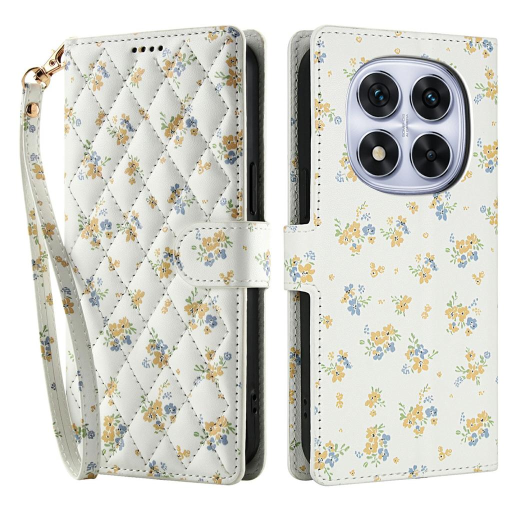 Für Xiaomi Redmi Note 14 Pro 4G Brieftaschenhülle Rhombisches Blumendesign Leder Klapphandyhülle mit Riemen
