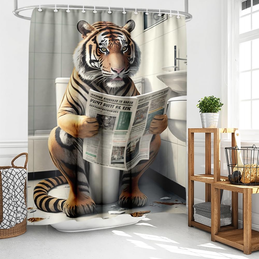 Humorous Doberman Toilet Shower Curtain, Doberman Pcher Reading Newspaper On Toilet, Waterproof Fabric Bath Curtain
