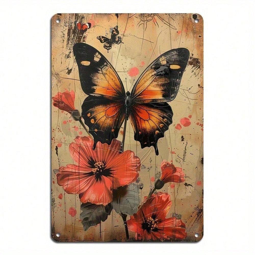 Vintage Butterfly Metal Tin Sign, Retro Wall Art Aluminum Plaque for Home Garden Bedroom Living Room Decor, Pre-Drilled Holes
