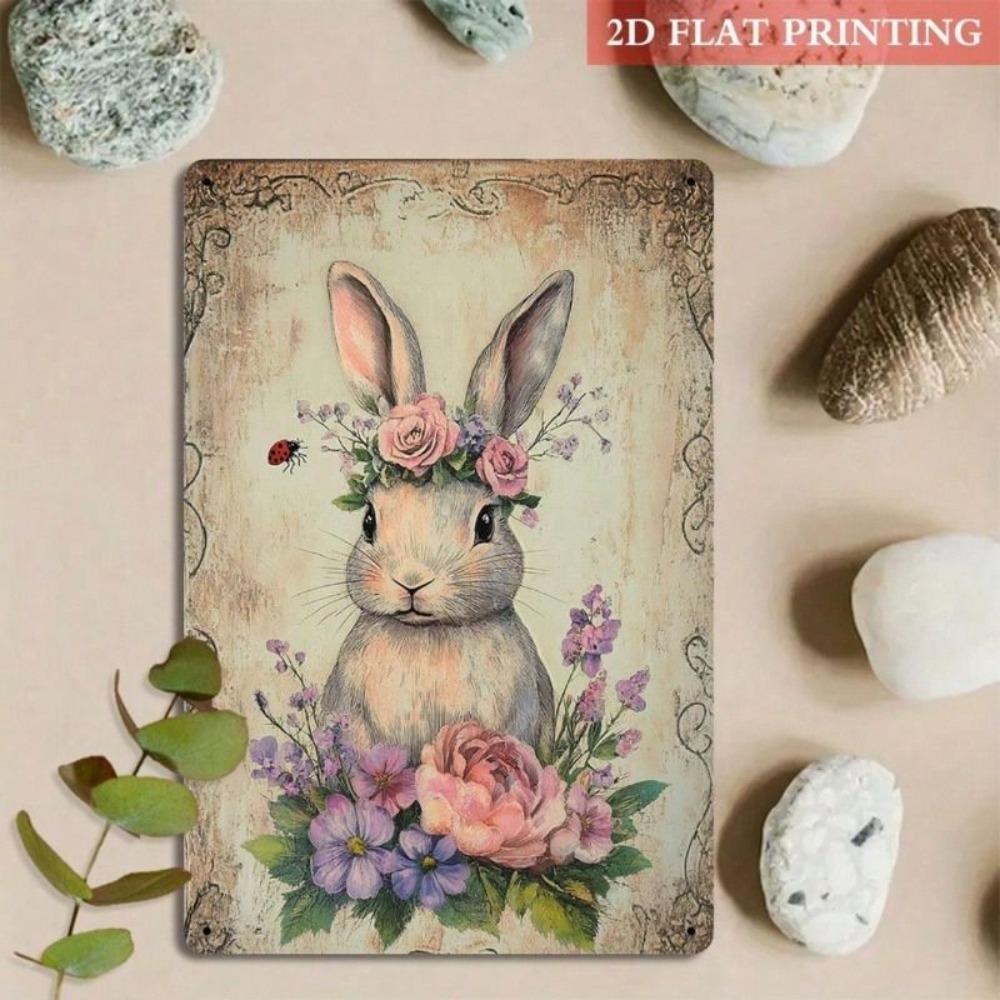 Vintage Metal Wall Art Bunny Flower Crown Pastel Provence Decor 20x30cm
