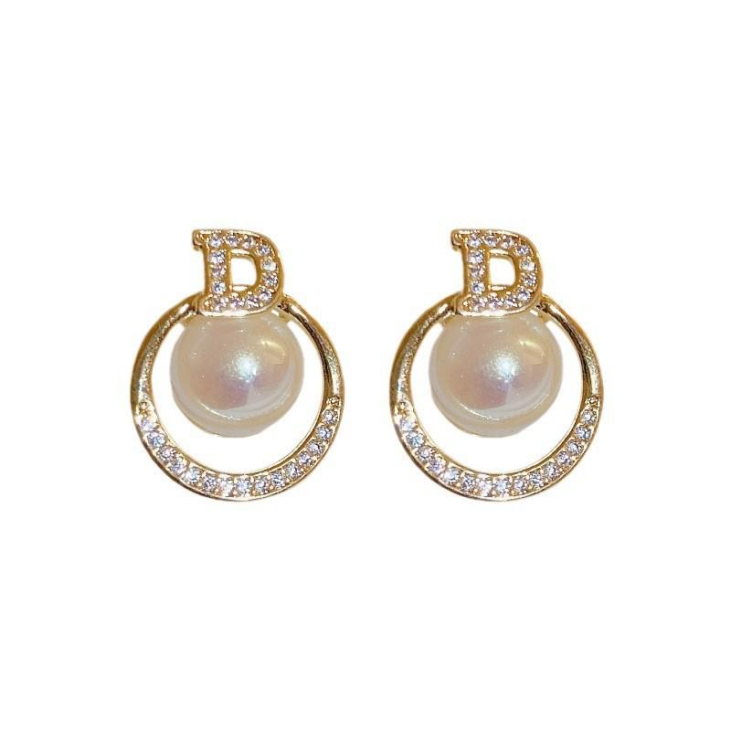 Zircon letter French temperament diamond-encrusted letter pearl stud earrings high-end temperament earrings women s niche design network