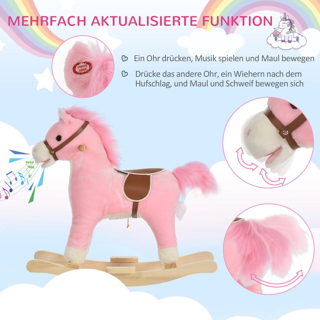 Kinder Schaukelpferd Baby Schaukeltier Pferd mit Tiergeräuschen Spielzeuggriffe für 36-72 Monate Plüsch Rosa 65 x 32,5 x 61 cm