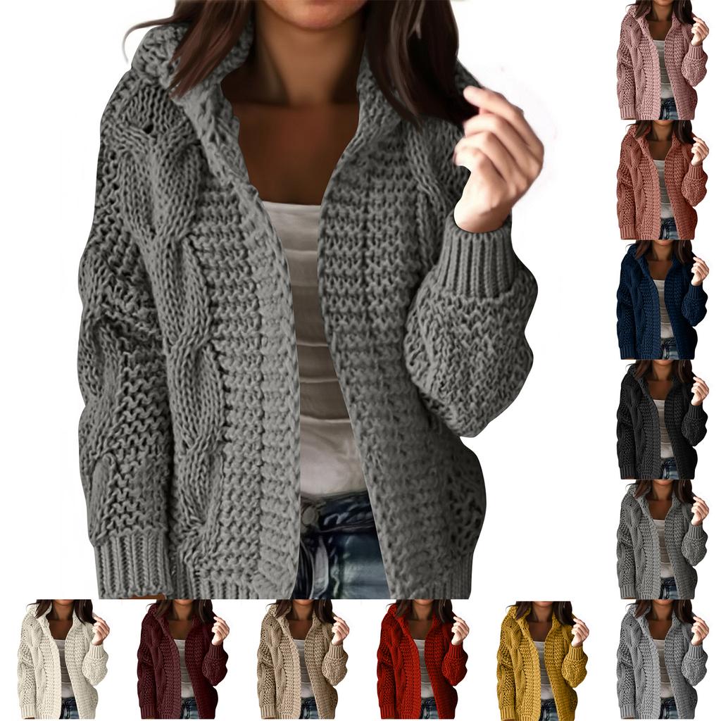Women's Autmn And Winter Hooded Jacket Solid Color Knitted Cardigan Sweater