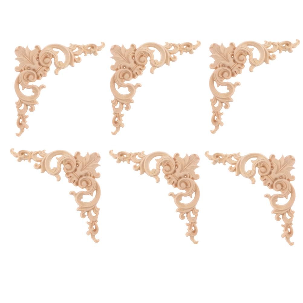 6 Pcs Wood Carving Horn Flower Home Decor Wooden Appliques Carved Decals Ornaments Cabinet Onlays