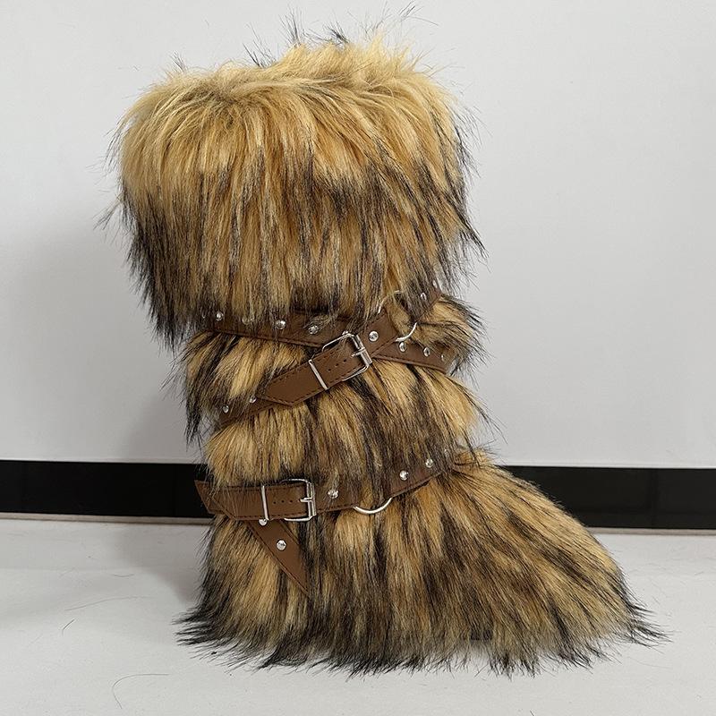 Damen Winterimitat Fuchsfell Stiefel Gürtel Punk Europäisch und Amerikanisch hoher Schaft 40 langer Schaft Schneestiefel Schuhe