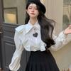 Black Heart Decorated Women's Shirt Ruffle Edge Turn Down Collar Lantern Sleeve Elastic Pleated Blouse Summer New Version Loose Lady Top