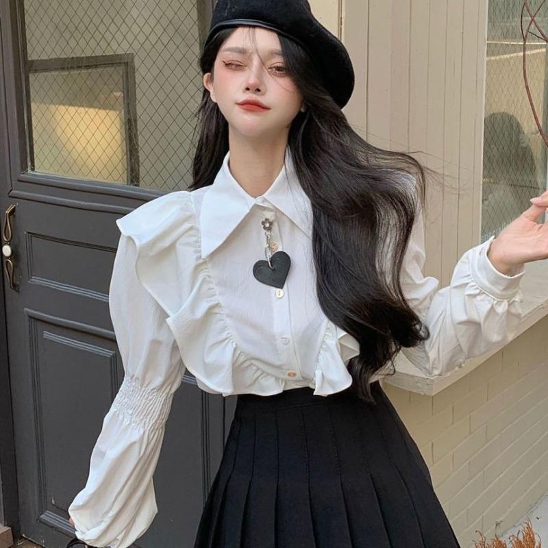 Black Heart Decorated Women's Shirt Ruffle Edge Turn Down Collar Lantern Sleeve Elastic Pleated Blouse Summer New Version Loose Lady Top
