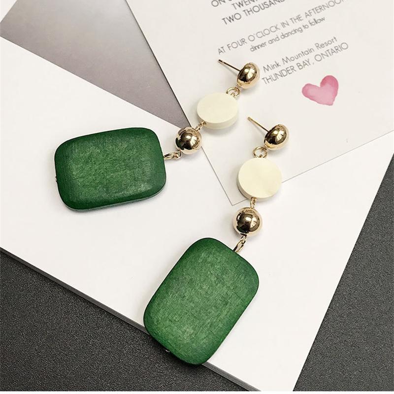 Green Square Pendants Wooden Hanging Earrings for Women Bohemian Long Exaggerated Drop Earrings Trendy Fashion Ear Zircon