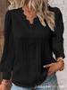 Women's V-Neck Long Sleeve Top with Lace Trim and Puff Sleeves