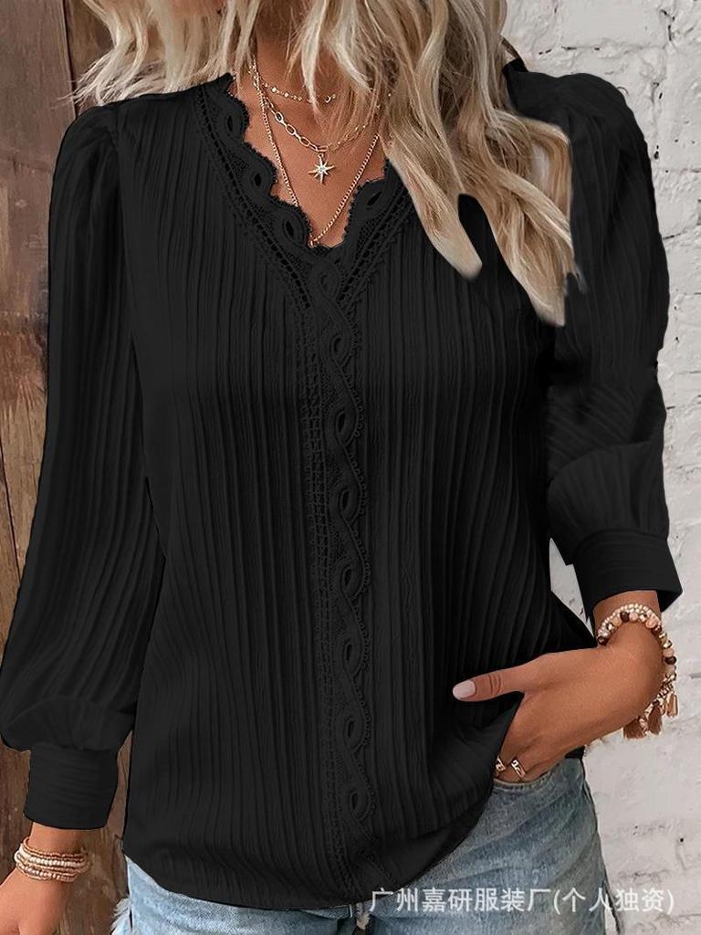 Women's V-Neck Long Sleeve Top with Lace Trim and Puff Sleeves