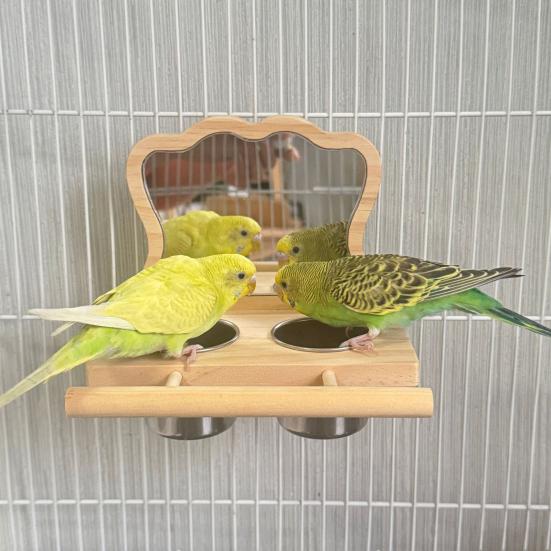 Bird Mirror with Perch Wooden Parrot Perch Feeder Bowls And Mirror Cage Accessories for Budgies Cockatiels Parakeets Canaries