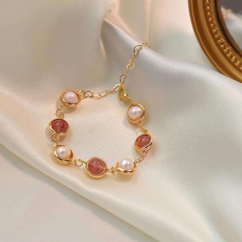 

Женский розовый браслет из клубничного кристалла и речного жемчуга - корейская барочная мода