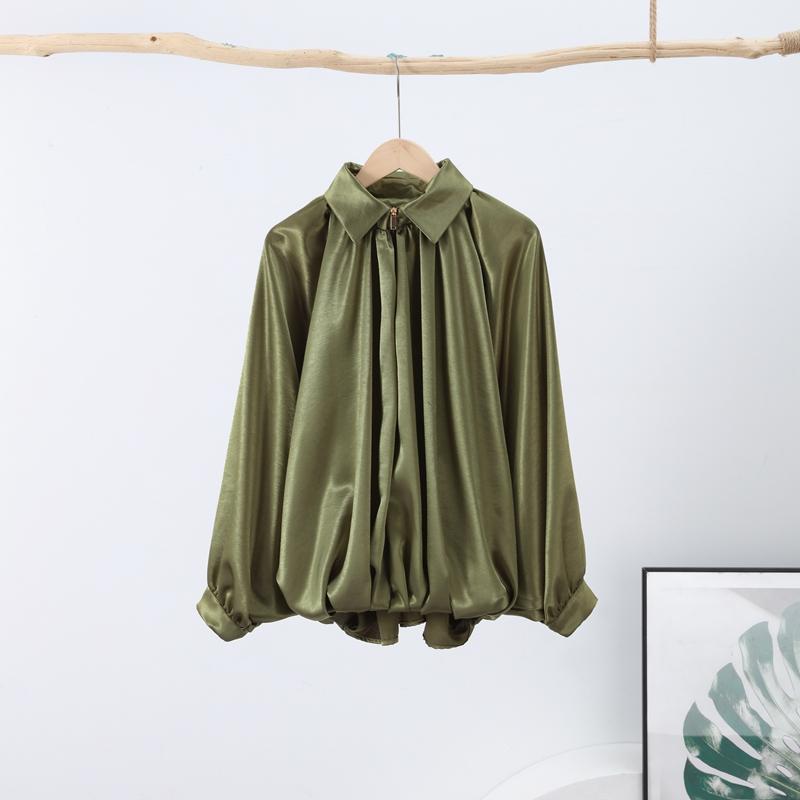 Satengstoff Damejakke Mote Plissert Pufferm Vendekrage Glidelås Løs Damejakker 2025 Vår Høst Gate Kontor Yttertøy