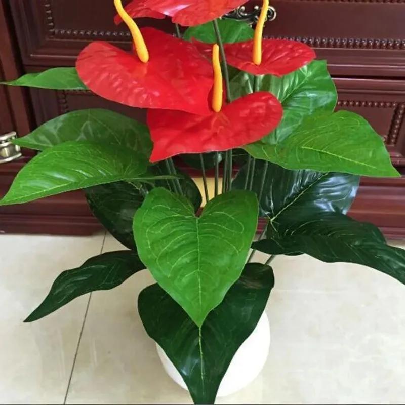 18 Heads Artificial Anthurium Red Green Plastic Plants Home Garden Living Room Bedroom Decoration Fake Plants Home Decor
