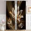 2pcs Set Golden Black Floral Digital Print Curtains Rod Pocket Design For Living Room Kitchen Bedroom Study Contemporary Home