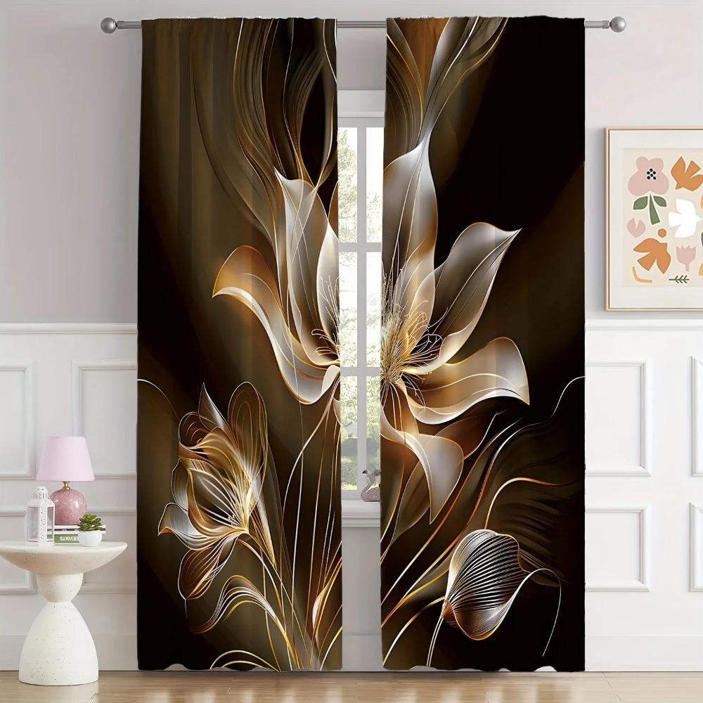 2pcs Set Golden Black Floral Digital Print Curtains Rod Pocket Design For Living Room Kitchen Bedroom Study Contemporary Home
