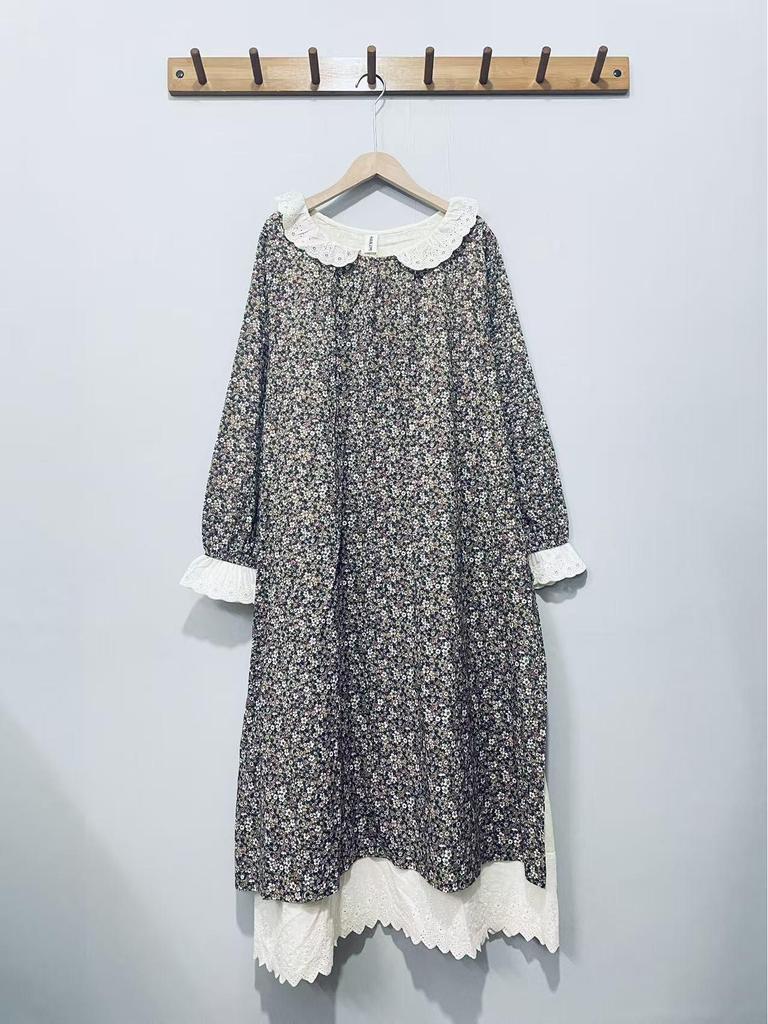 2026 Spring Women's Japanese Doll Collar Floral Cotton Dress, Loose Fit.