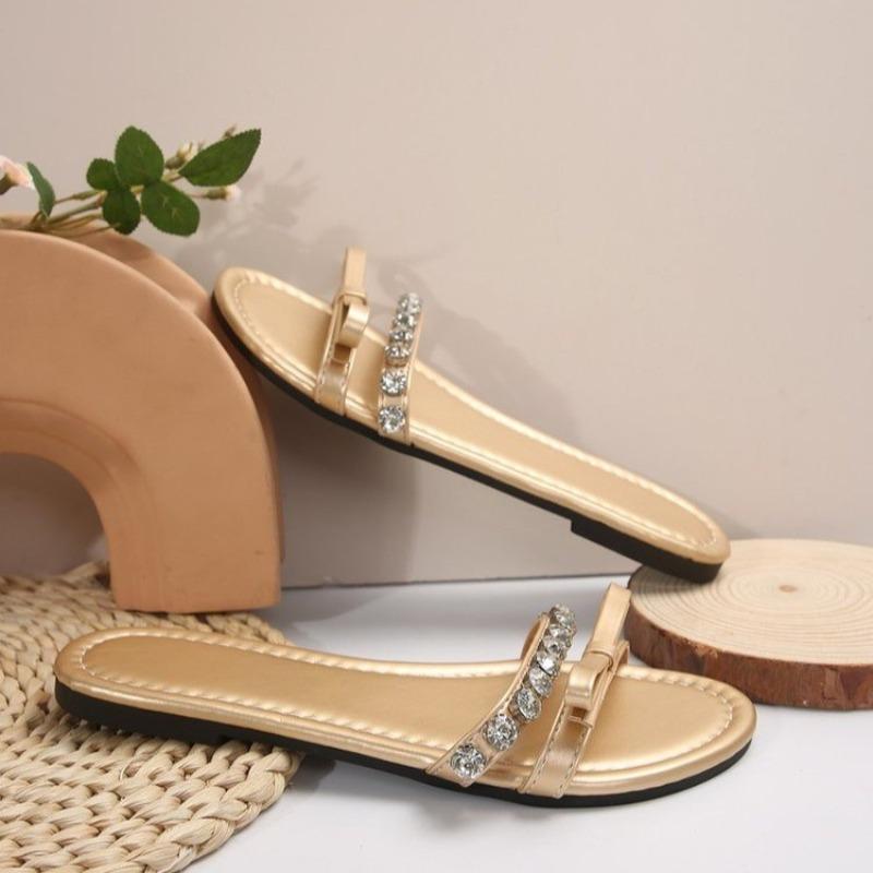 Fashion Summer New Rhinestone Slippers Women's Bow Thin Strap Combination Flat Small Sandals Open Toe Large Size Sandals