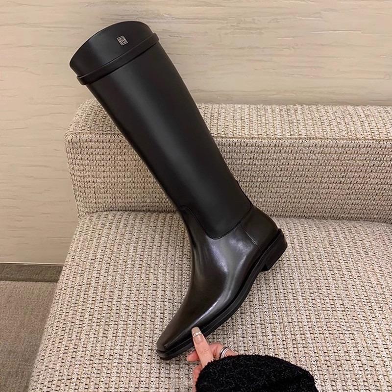 Cowhide Version! Stylish and Versatile New Square Head Leather Diagonal Ring Belt Thick Heel High Knight Boots Long Boots Women's Autumn