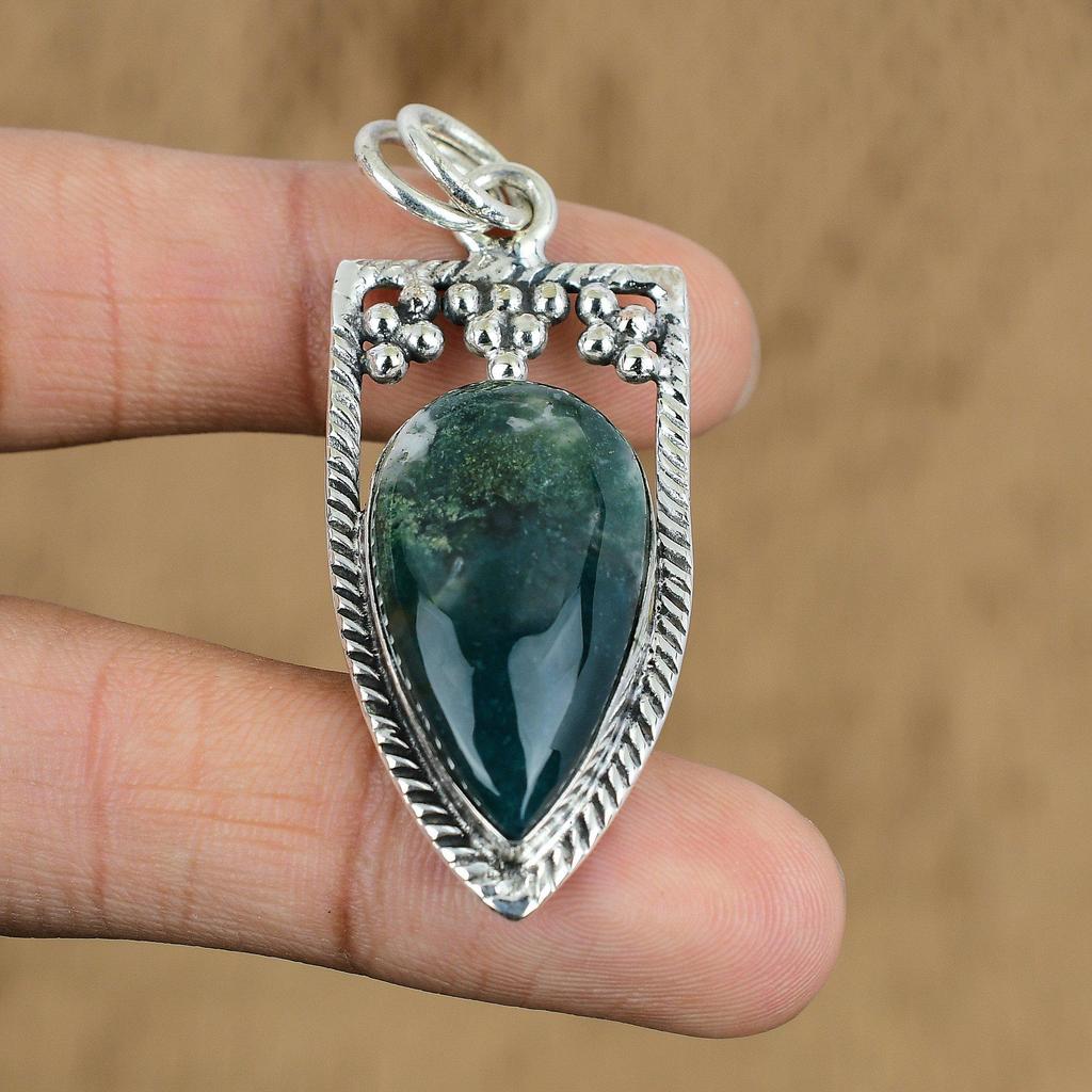 Natural Solar Moss Agate Gemstone Pendant Green 925 Sterling Silver Jewelry