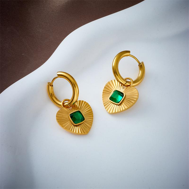 Green Zircon Heart Hoop Earrings For Women Gold Plated Stainless Steel Dangle Jewelry