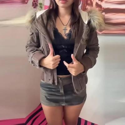 2KWEIRD Vintage Brown Fur Collar Hooded Jacket For Women Slim Fit Long Sleeve Pocket Coat New Female Autumn Winter Solid Streetwear