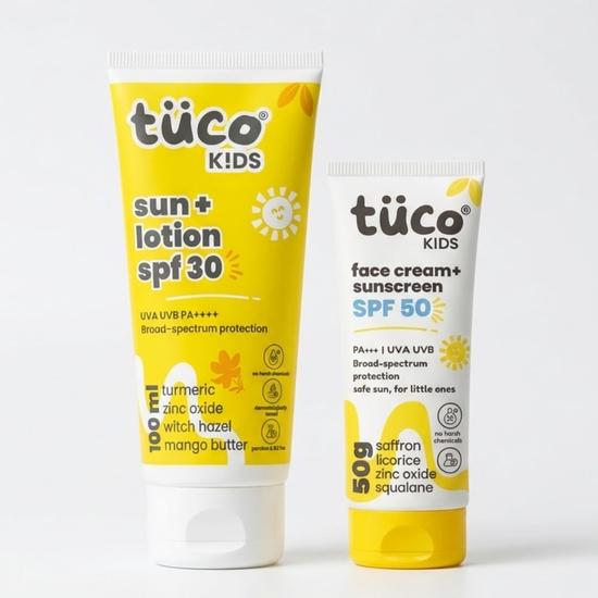 Детский солнцезащитный лосьон Tuco® (100мл) & Солнцезащитный крем (50 г)| Безопасно для детей и младенцев | UVA/UVB PA++++ | Возраст 2-5, 5-10, 10-15 | 150 г |