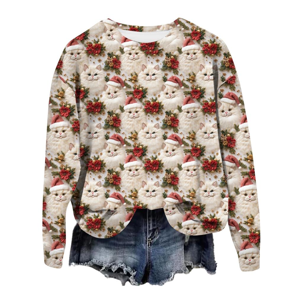 Women's Fashionable Casual Long-sleeved Retro Christmas Snowman Print Round Neck Top