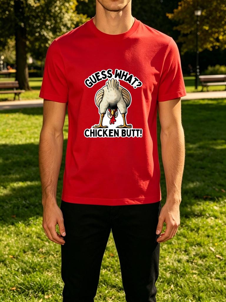 Funny Guess What Chicken Butt Upside Down Rooster Print Unisexs Crew Neck Short Sleeve Tee Casual Street Soft Daily Basic Wear Top