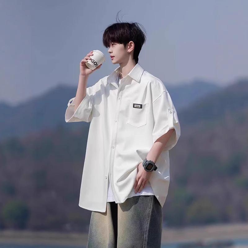 

Men Roll Up Sleeve Oversized White Button Down Shirt Casual Loose Breathable Streetwear Summer Top M белый