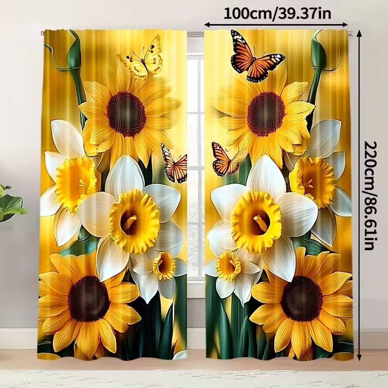 2 Stück Sonnenblumen Schmetterlingsdruck Vorhänge,Geeignet für Schlafzimmer,Wohnzimmer Küchendekoration,Heimdekoration,Fensterdekoration