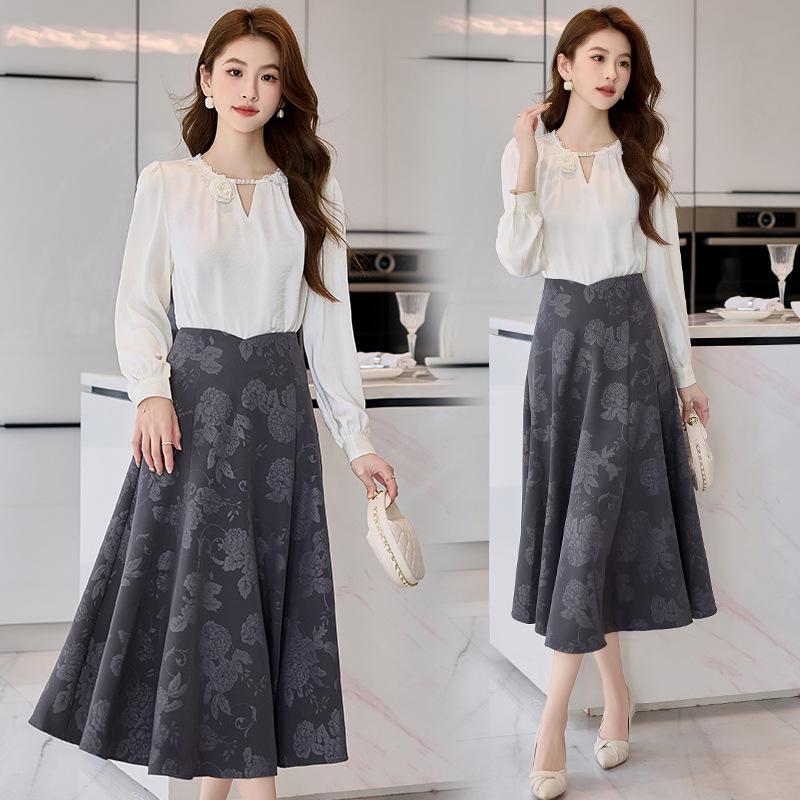 Spring 2025 Lace Butterfly Patchwork Two-Piece Set: Long Sleeve Shirt & Midi Skirt