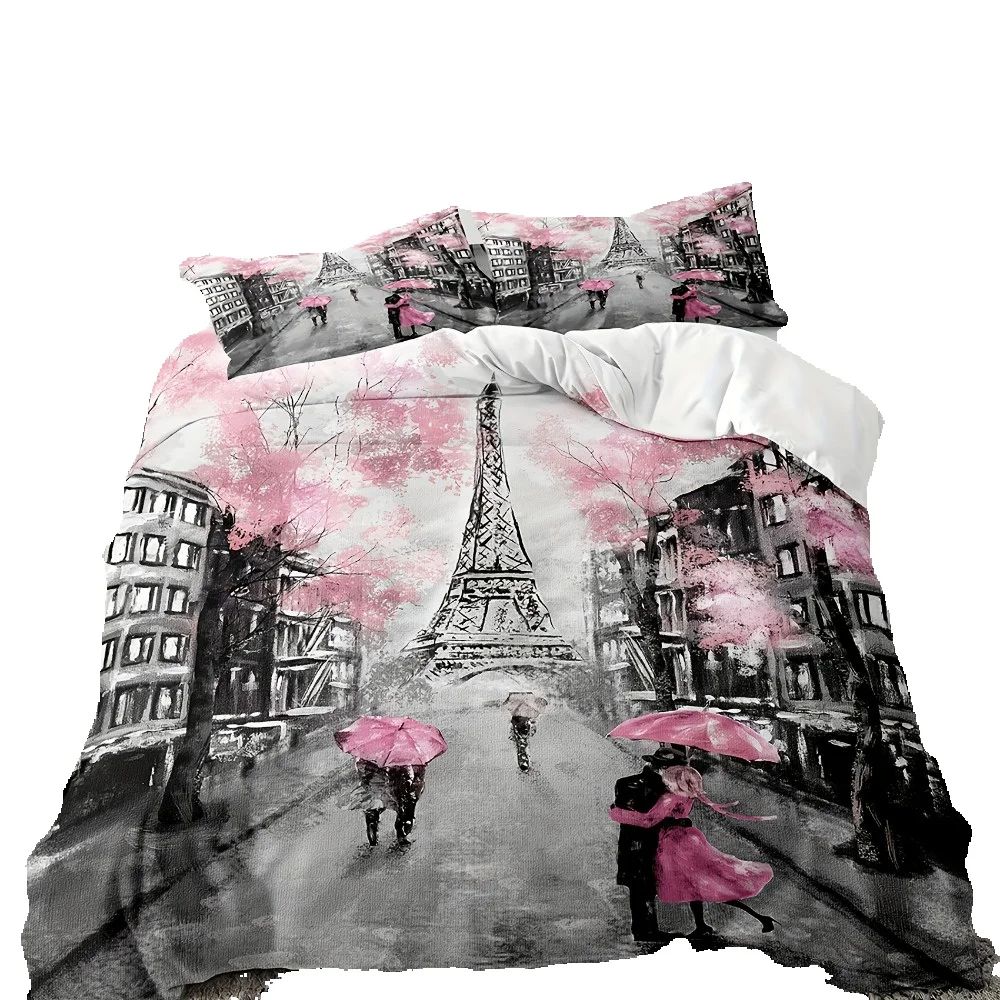 3pcs Bedding Set Pink Paris City Eiffel Tower Print Cozy Duvet Cover King Queen Twin Size Birthday Gift for Adult Bedroom Decor