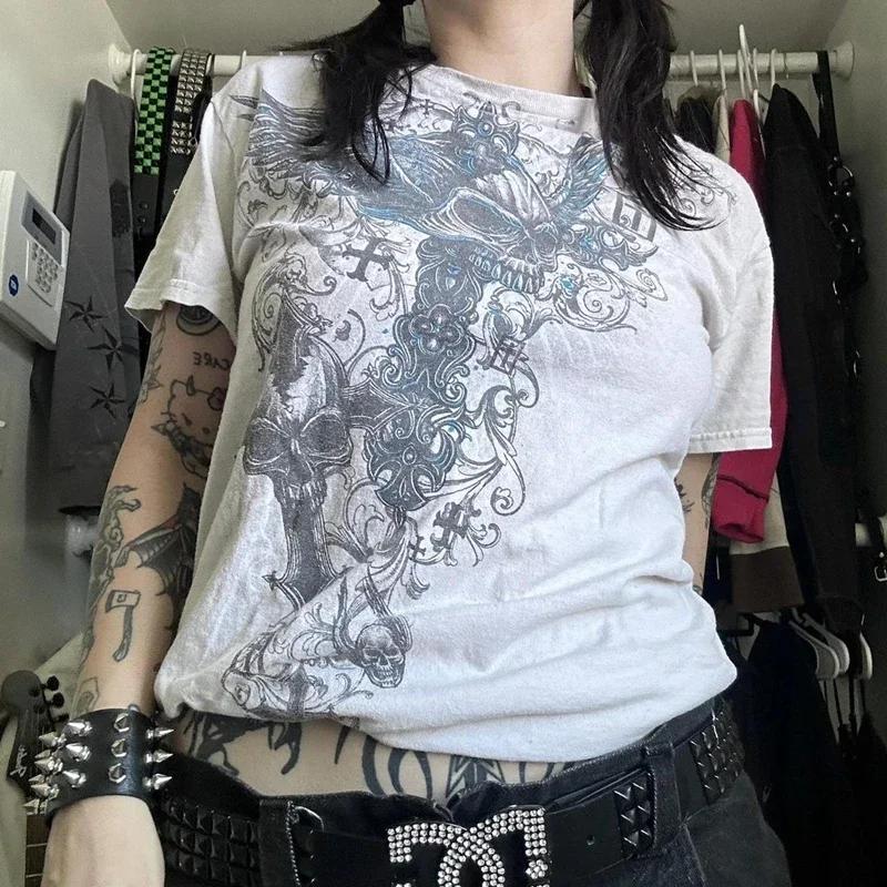 2000s affliction Retro T-shirts Men Grunge Cyber Goth Emo Skull Tees E-girl Graphic Print Short Sleeve Tops Vintage Streetwear