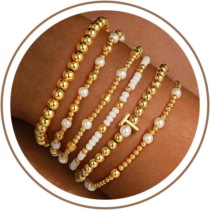 Turandoss 18K Gold Plated Beaded Stretch Initial Bracelet for Women Gifts