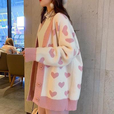Suéter de Punto Abrigo de Mujer Cárdigan Jacquard Estudiante Femenina Mediano Largo Suelto Lazy Preppy Amor Tejido