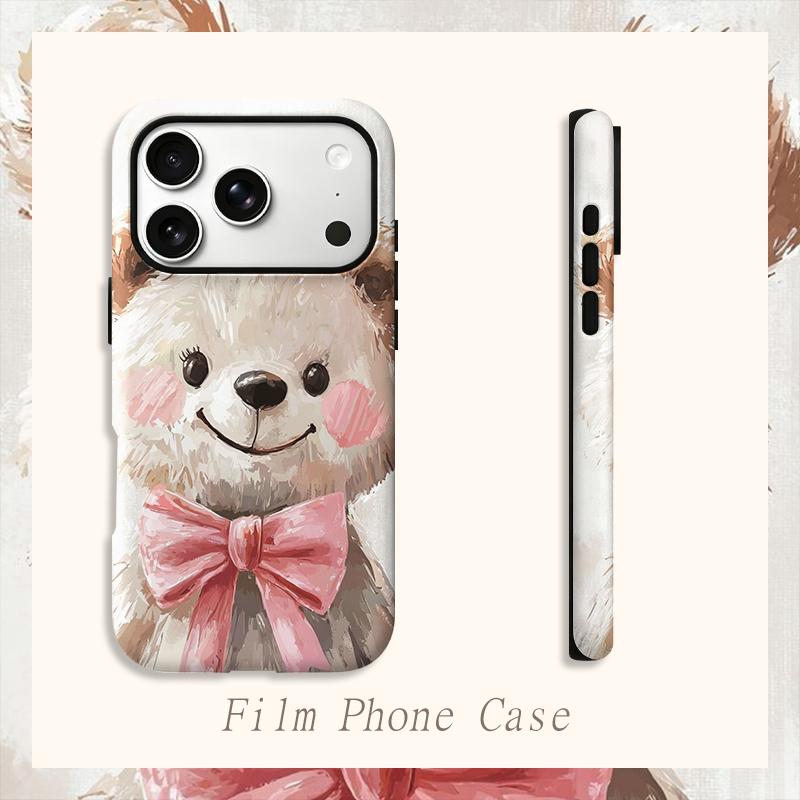 Cuddly Watercolor Teddy Bear Pink Bow Art Graphic Film Aesthetic Protective Shockproof Bumper Phone Case Cover For iPhone 14 15 16 Pro Max Plus