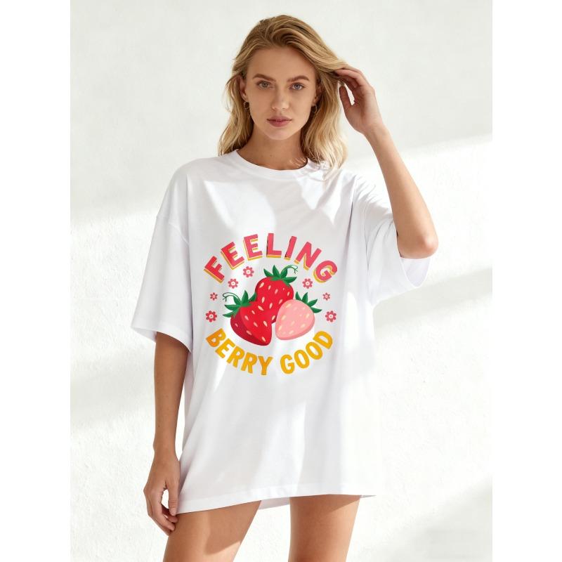 Feeling Berry Good Oversized T Shirt Black Strawberry Print And Text Casual Summer Wear For Women