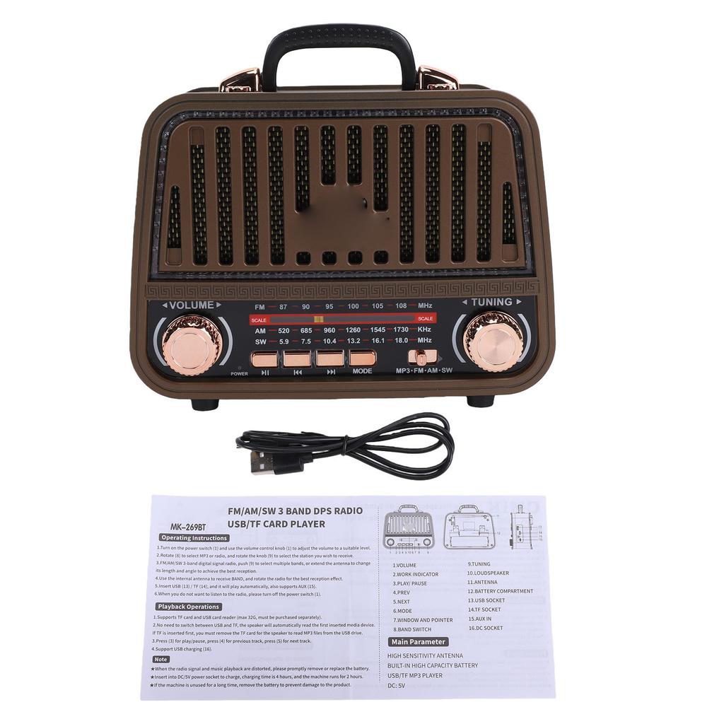 Retro Bluetooth Speaker AM FM SW Radio Rechargeable Vintage Wireless Speaker with Telescopic Antenna