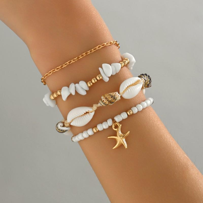 Boho Layered Starfish Pendant Bracelet Set Women With Shell Beads Beach Style Zinc Alloy Jewelry