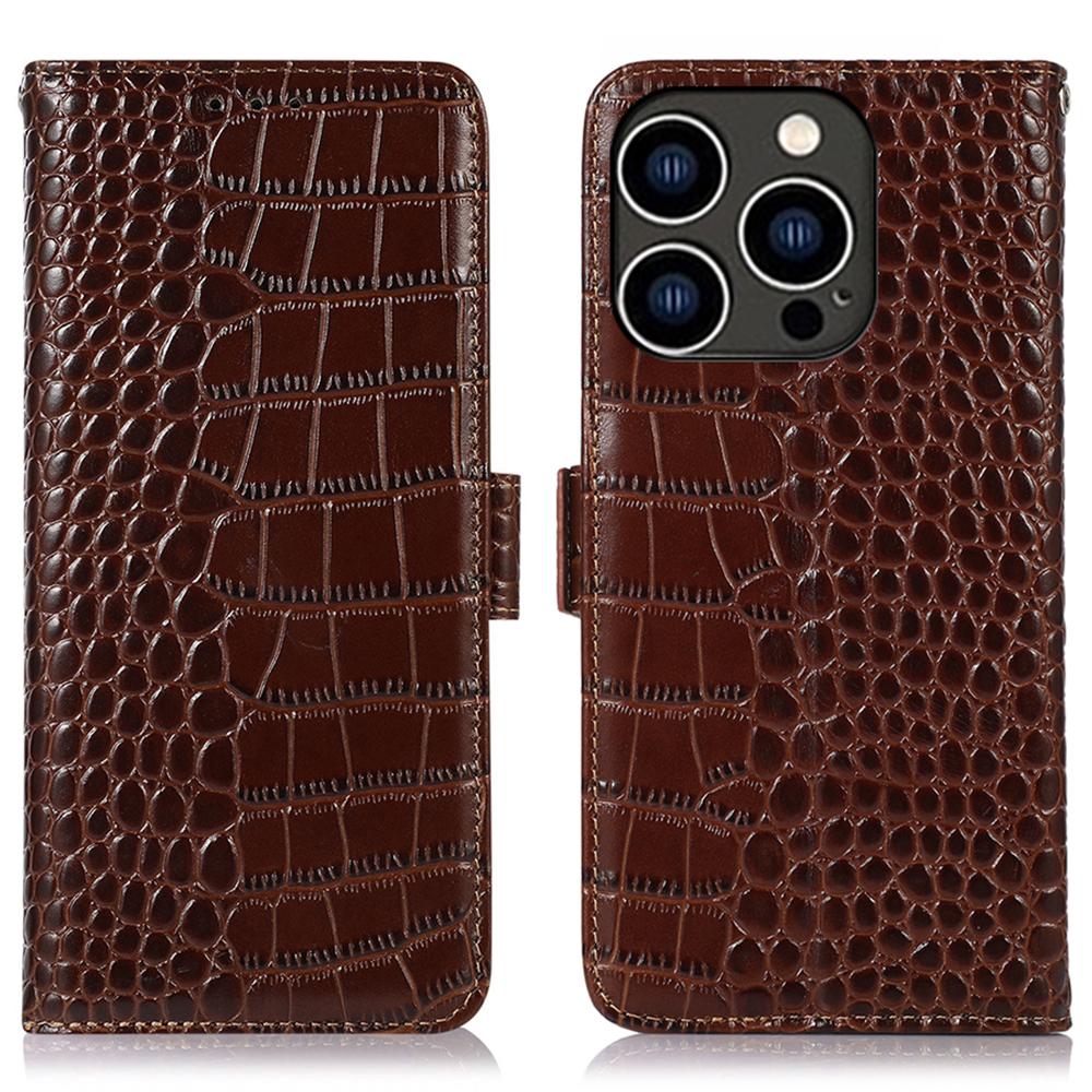 

For iPhone 15 Pro RFID Blocking Phone Case Genuine Cow Leather Wallet Stand Anti-drop Cover Brown