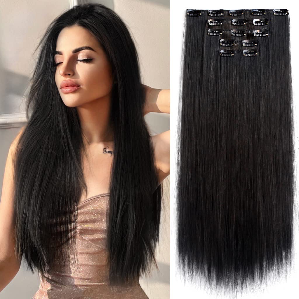 6PCS Clip in Hair Extensions 24" Straight Long Synthetic Hairpieces for Women Daily Party Halloween Black Brown