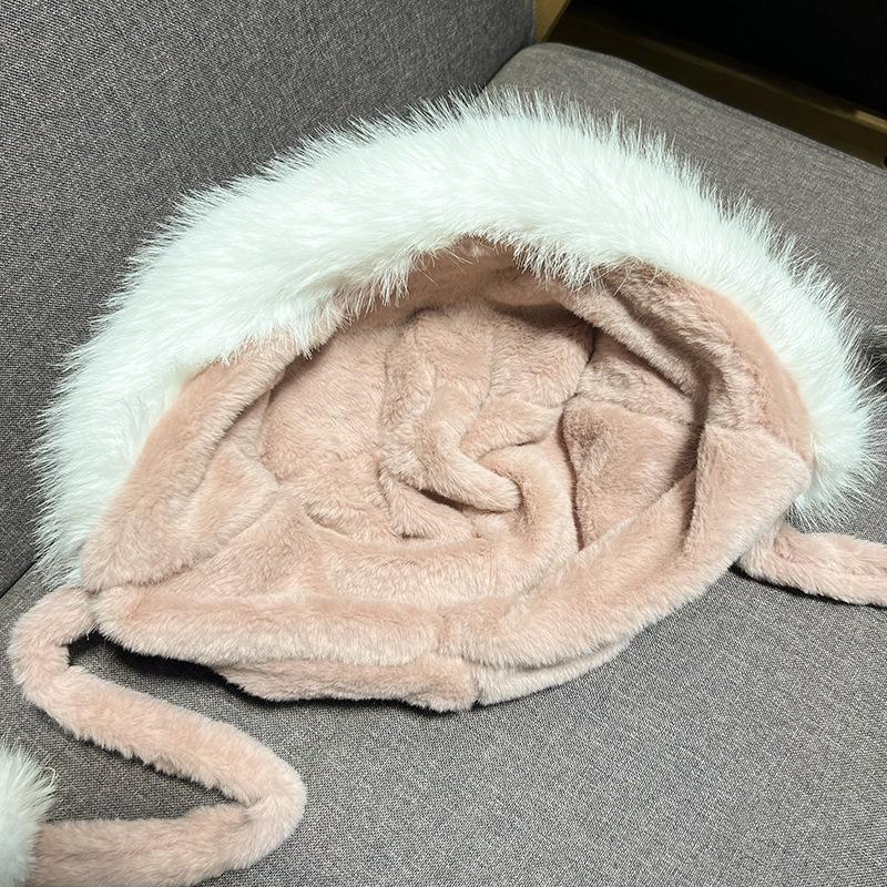 Autumn and winter cute rabbit ears embroidered plush hat women's warm and cold new ear hat cover Lei Feng hat