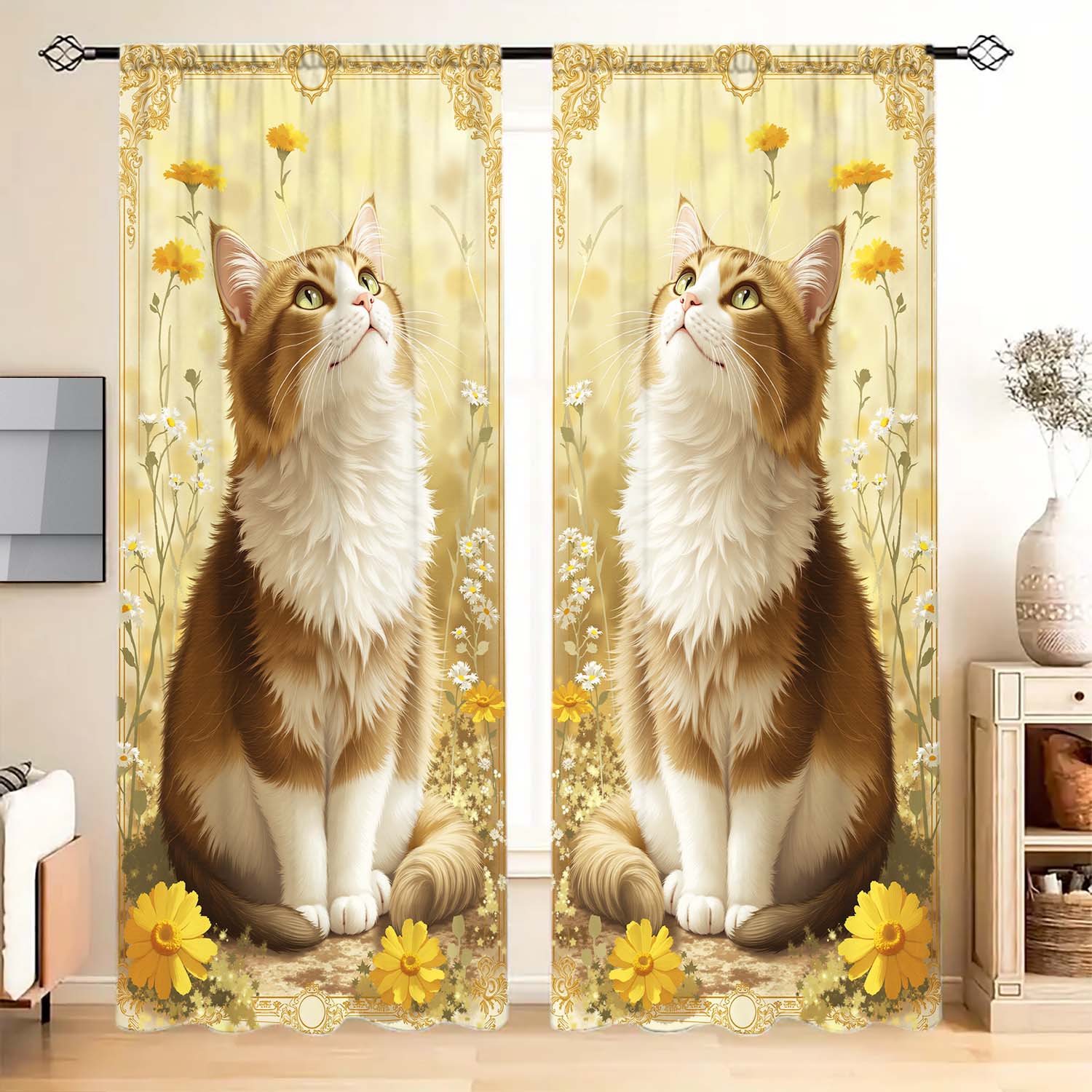 

2-Panels Cute Norwegian Forest Cat Printed Curtains - Heat-insulating Suitable for Decorating Curtains in Various Rooms 100*130 HOOK 1pcs