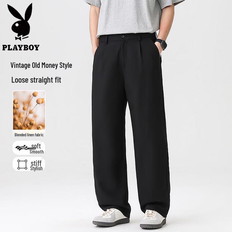 PLAYBOY Men s Linen Blend Old Money Style Casual Straight Pants 170/76A